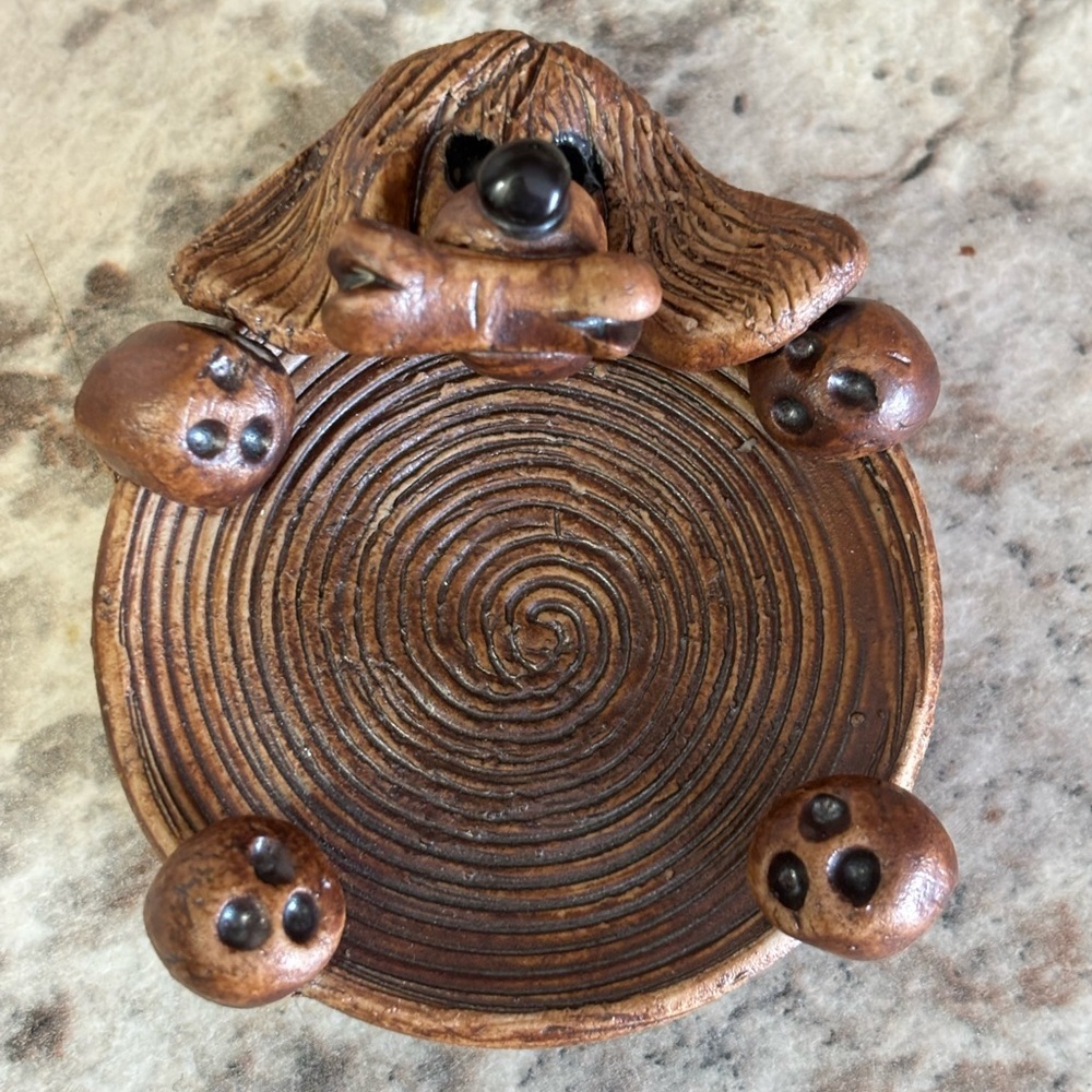 Handmade Pottery Dog Trinket Dish – Sculpted Dog with Bone